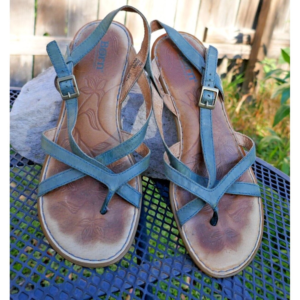 BORN Teal Green Strappy Sandals Leather Flat  Womens 8M